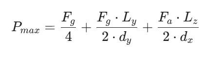 For a system with 4 blocks (2 rails, 2 blocks per rail), the load on each block fluctuates based on the position of the load and the acceleration. The formula for the most heavily loaded block during acceleration is as this formula.