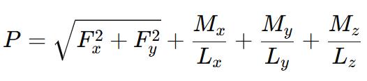P = sqrt(Fx^2 + Fy^2) + Mx/Lx + My/Ly + Mz/Lz